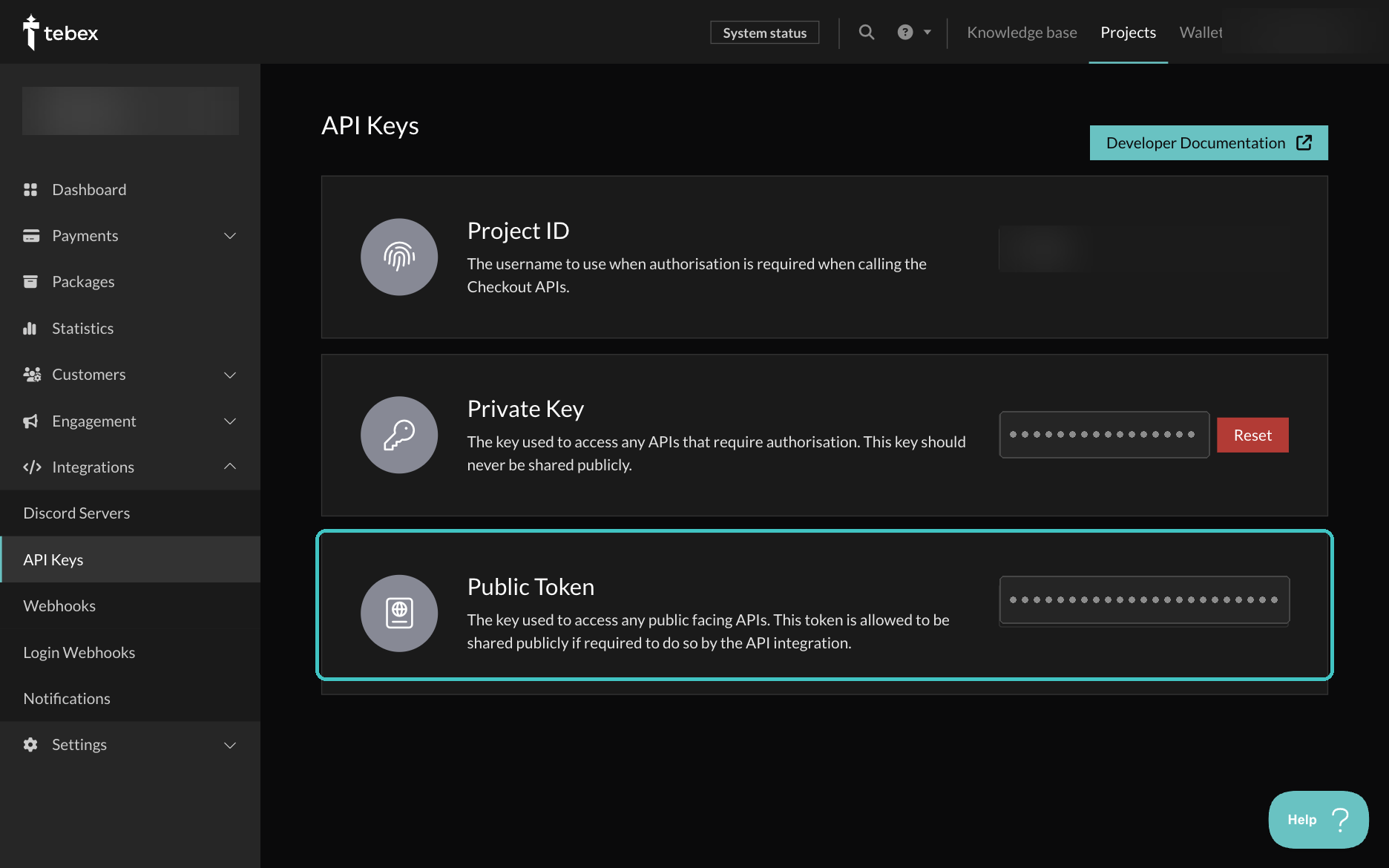 Tebex Creator Panel API Keys page with the Public Token card highlighted